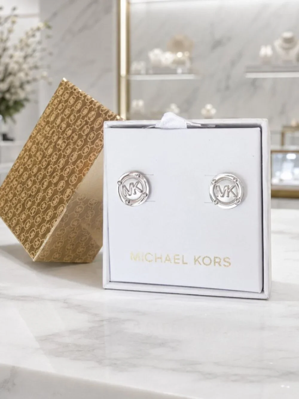 Michael Kors MK Logo Disk Stud Earrings Silver Tone 14mm Authentic NWT